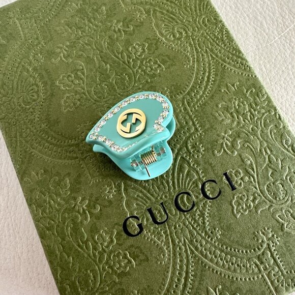 NEW Gucci Heart Shaped Hair Clip with Intertwined G's Blue Green Crystal - Picture 5 of 8